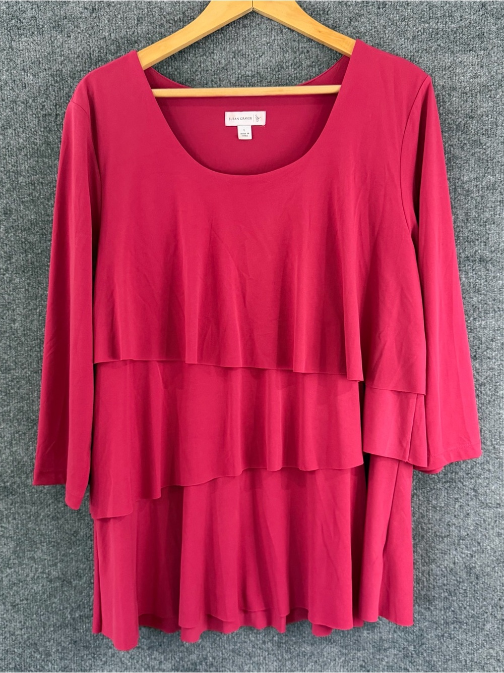 Susan Graver Womens Liquid Knit Layered Top Size Large Pink 3/4 Sleeve Stretch